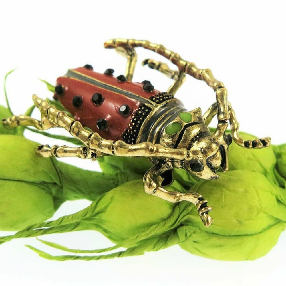 Red & Green Longhorn Beetle Brooch NWT- - Picture 2 of 2